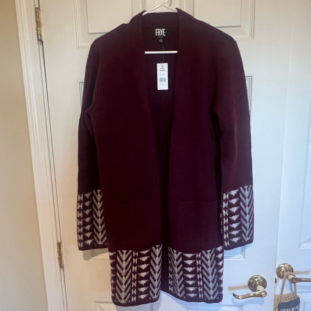 Frye NWT  Women's Deep Burgundy Wine colored Cardigan with Cream Accents